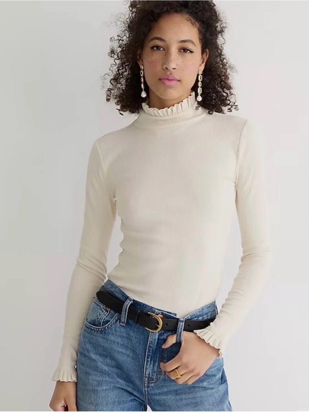 NWOT J. Crew Vintage Ribbed Ruffle Mock Neck Long-Sleeve Top - Cream